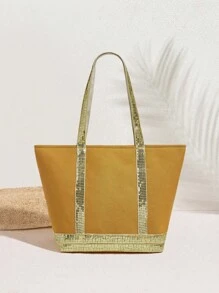 SHECARRY Women's Sequin Patchwork Large Capacity Fashion Tote Bag - Khaki - View 1