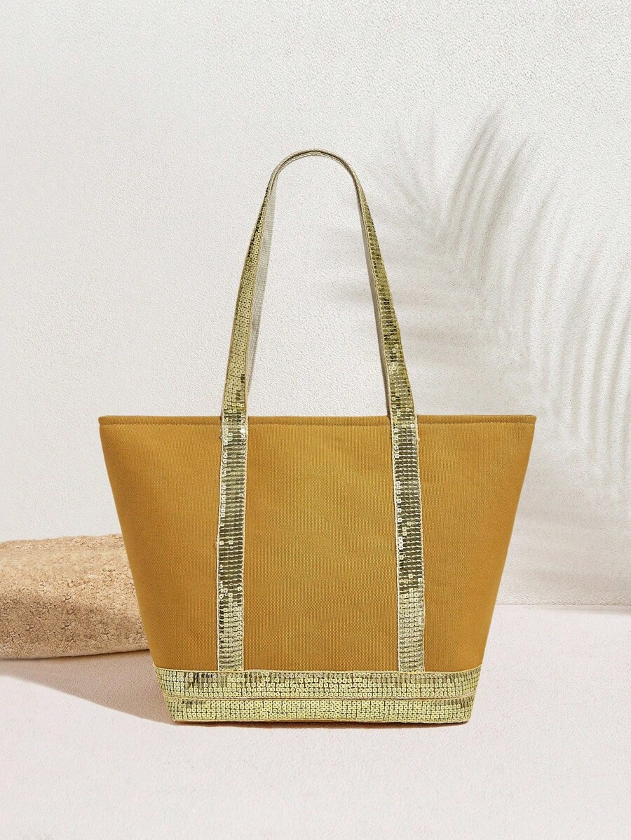SHECARRY Women's Sequin Patchwork Large Capacity Fashion Tote Bag - Khaki - View 1