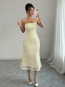 Rafferiza Váy không tay họa tiết hoa 3D phong cách nghỉ dưỡng dành cho nữ - Màu vàng - Xem 1