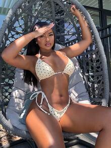 Alexandranx Bộ bikini buộc dây phía trước họa tiết chấm bi Springbreak dành cho nữ, họa tiết ngẫu nhiên - Màu vàng - Xem 6