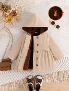 SHEIN Vintaside Kids 女婴冬季时尚休闲简约单排扣卡其色长袖连帽风衣外套，带棕色毛皮衬里，适合上学、日常拍摄、旅行