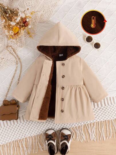 SHEIN Vintaside Kids 女婴冬季时尚休闲简约单排扣卡其色长袖连帽风衣外套，带棕色毛皮衬里，适合上学、日常拍摄、旅行