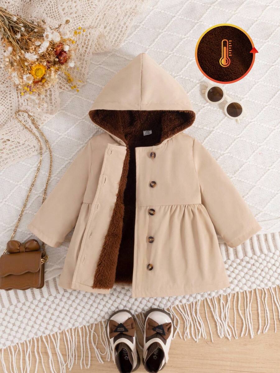 SHEIN Vintaside Kids 女婴冬季时尚休闲简约单排扣卡其色长袖连帽风衣外套，带棕色毛皮衬里，适合上学、日常拍摄、旅行