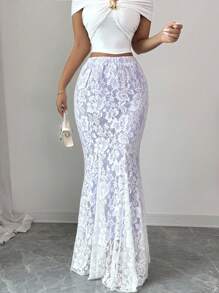 Elenzga New Elegant White Lace Skirt, High-Waist Slim-Fit A-Line Mermaid Hem Design, Sophisticated Style, Spring/Summer