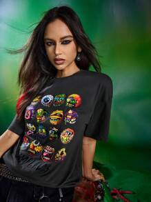 MADBALLS X SHEIN 女式眼球图案圆领休闲短袖T恤 - 深灰色 - 查看 7