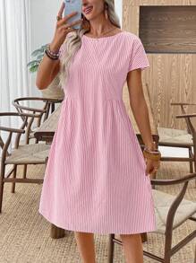 EMERY ROSE 女装夏季休闲条纹圆领连衣裙粉色条纹夏装短袖夏装夏季休闲连衣裙女度假连衣裙纯棉夏装 - 粉色 - 查看 7