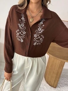 SHEIN LUNE 女士休闲刺绣棕色宽松秋冬基础款衬衫，适合秋季、机场等各种场合，包括冬季、冬季外出、长袖外出等，适合社交场合，时尚百搭。 - 棕色 - 查看 9