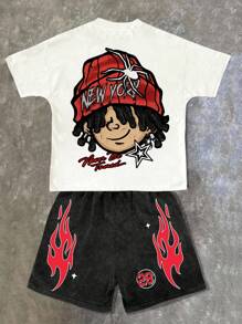 SHEIN 青少年男孩休闲简约风格涂鸦卡通肖像英文字母运动街头风格扎染Y2K短袖圆领两件套，适合夏季