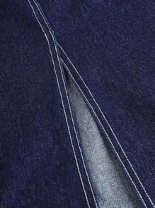 SHEIN Girlism 少女 Y2K 休闲装 2000 年代复古纯色水洗高腰老款休闲牛仔宽松牛仔裤长裙，撞色缝线，适合日常旅行、户外、居家、早午餐、茶会、通勤、机场穿着，女孩秋季服装，少女返校学院风返校节服装 - 深色水洗藍 - 查看 3