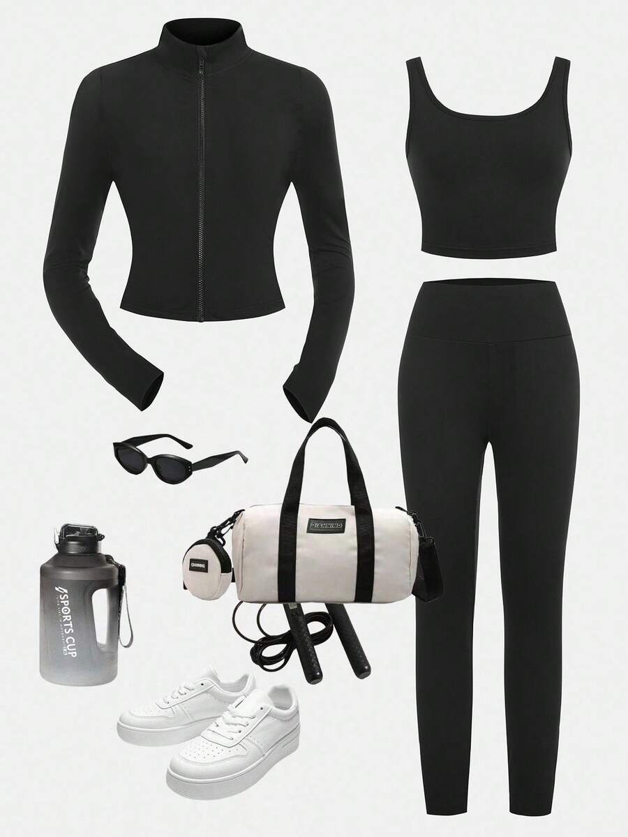 SHEIN Mädchen Tween-Outfit mit schwarzer Strickjacke mit Reißverschluss, Top und Leggings, 3 Stücke Sportset, geeignet für Lässig-Alltag, Yoga und Sport - Schwarz - Übersicht 1