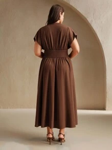 Anewsta Summer Fashion V-Neck Tie Waist Fitted A-Line Peplum Midi Dress - Coffee Brown - View 7