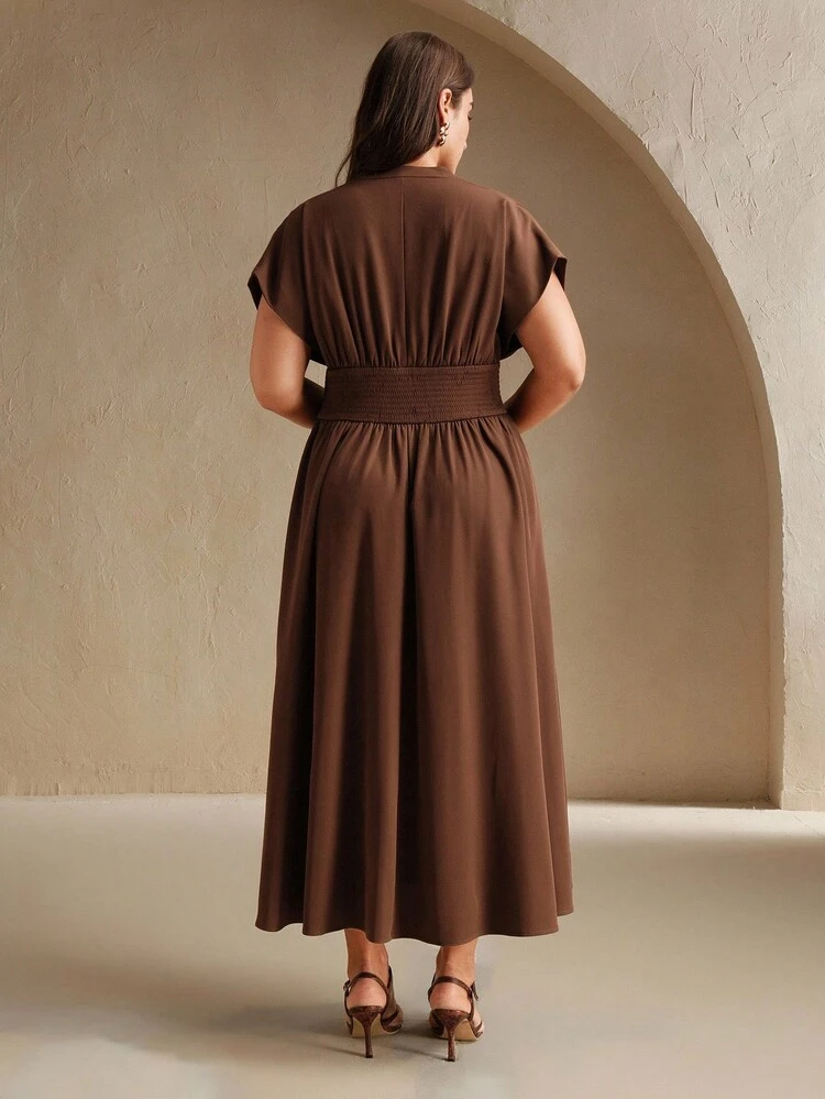 Summer Fashion V-Neck Tie Waist Fitted A-Line Peplum Midi Dress