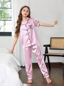仿丝条纹翻领开衫睡衣，适合少女穿着，粉色睡衣套装，条纹睡衣，女童睡衣套装 - 紅白色 - 查看 1