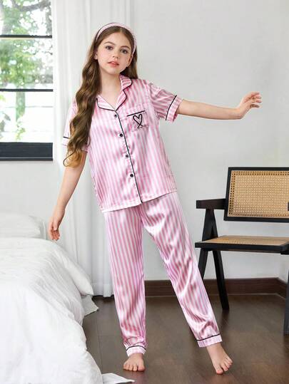 仿丝条纹翻领开衫睡衣，适合少女穿着，粉色睡衣套装，条纹睡衣，女童睡衣套装