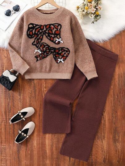 Tween Girl 复古秋季休闲蝴蝶结装饰毛衣和裤子套装