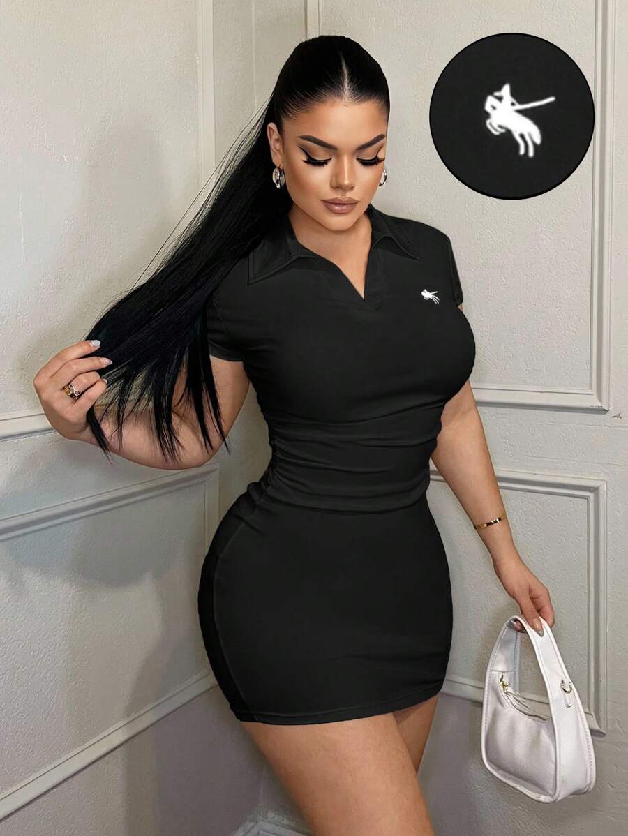 SHEIN SXY 简约休闲商务刺绣修身有领连衣裙 - 黑色 - 查看 1