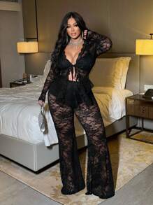 NU&NOW 加大码长袖蕾丝边优雅性感两件套 - 黑色 - 查看 3