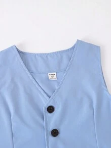 SHEIN 2pcs Tween Boys' Slim Fit Wedding/Formal Event Piano Performance Vest & Pants Suit Set, Spring/Summer, School, Campus, College Fall Winter - Blue - View 3