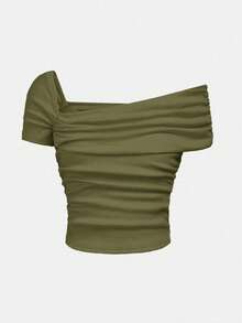 SHEIN Girlism Teen Girl Ribbed Knit One Shoulder Ruched Fitted Casual T-Shirt, Versatile Off The Shoulder Top Green Tops Tube Top