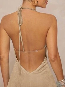 Lumalex Champagne Gold Summer Elegant Dining Women Dress,Halter Neck Deep V Plunge Ruched Crystal Shell Brooch Backless Bodycon Maxi Metallic Party Wedding - Apricot - View 8