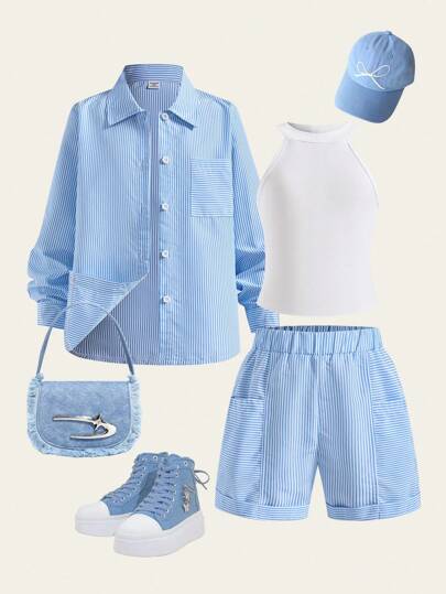 SHEIN Explorewe 青少年女孩条纹长袖口袋衬衫、纯色挂脖背心和短裤休闲套装