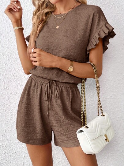 SHEIN Essnce 2pcs Women Short Sleeve Top & Elastic Waist Shorts Set Island Vacation Outfits