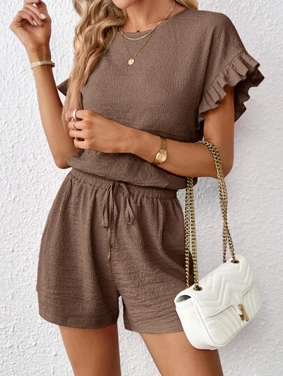 SHEIN Essnce 2pcs Women Short Sleeve Top & Elastic Waist Shorts Set Island Vacation Outfits