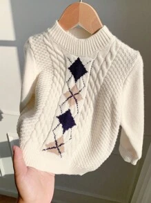 SHEIN Unisex Baby Geometric Pattern Long Sleeve Knit Sweater, Casual & Cute, Suitable For Baby Boys And Girls, Autumn/Winter Fall