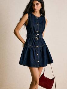 Poéselle Váy denim không tay viền bèo nhún màu trơn cho nữ Váy denim cho nữ Váy denim cài nút Váy denim có thắt lưng Váy denim ngắn cho nữ Váy denim có thắt lưng Váy denim cho phụ nữ có đường cong - Rửa tối - Xem 7