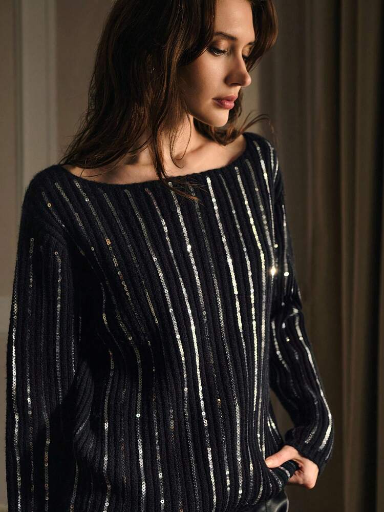 MOTF PREMIUM CONTRAST SEQUIN PULLOVERS SWEATER FOR AUTUMN & WINTER - Black - View 3