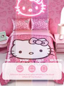 HELLO KITTY AND FRIENDS | SHEIN 3 件套粉色猫咪印花床上用品套装，缎纹面料，柔软凉爽，多种尺寸可选，适用于单人床/双人床/大床/特大床，适合房间装饰