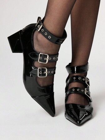 Grunge Punk Casual Fashion Versatile Chunky Heel Pointed Toe Women Pumps