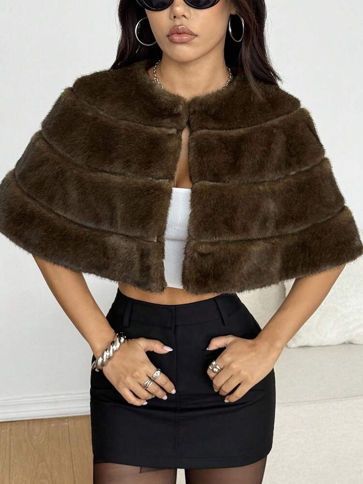 SHEIN EZwear 秋冬女士时尚优雅仿皮草披肩夹克 - 咖啡棕 - 查看 4