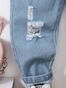 SHEIN 年轻女孩休闲柔软舒适度假时尚街头水洗可爱星星刺绣日常穿着无弹力修身锥形牛仔裤，轻盈春秋 - 淺色水洗藍 - 查看 5