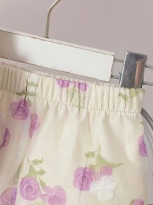 SHEIN Bộ 2 món áo không tay và quần short vải voan thêu hoa trang trí nơ 3D cho bé gái, ngọt ngào và tràn đầy năng lượng cho mùa hè - Màu tím - Xem 7