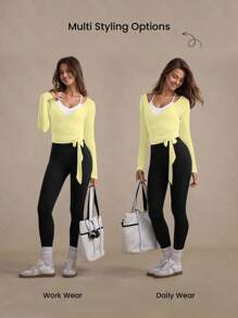 Eassivo Eassivo Camiseta deportiva de manga larga con nudo delantero de punto texturizado para mujer, versátil para todas las estaciones, top deportivo amarillo para mujer, tops de yoga, top deportivo de manga larga amarillo