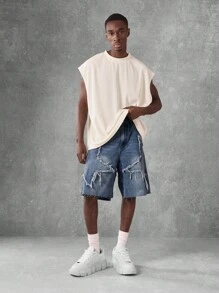 SUMWON Distressed Denim Shorts Men Ripped Raw Edge Summer Casual Knee Length Bermuda Shorts Streetwear Frayed Classic Beach Festival - Blue - View 3