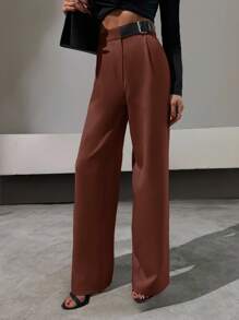 SHEIN Tall Tall Size Brown Belted Extra Long Straight Leg Woven Fabric Pants For Women - Brown - View 4