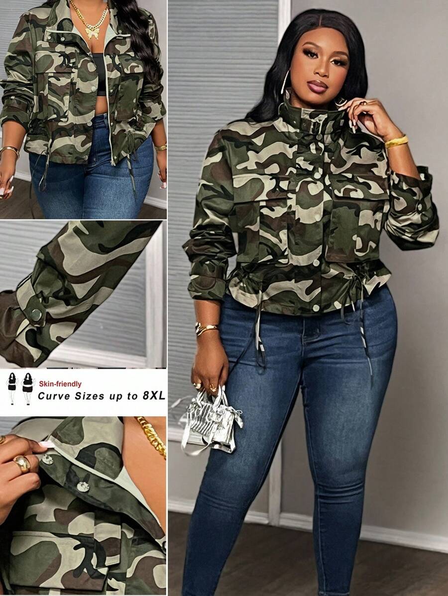 SHEIN CURVE+ Curves 大码/学校服装/返校服装/返校女士大码迷彩印花抽绳下摆夹克，秋季休闲外套迷彩夹克大码迷彩夹克女式迷彩夹克女式大码迷彩外套女式秋装、冬季、CURVE PLUS - 彩色 - 查看 1