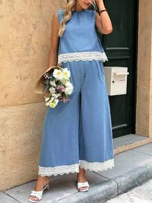 SHEIN Casual Elastic Waist Wide Leg Maternity Jeans, Versatile & Comfortable, Spring/Autumn - Blue - View 5