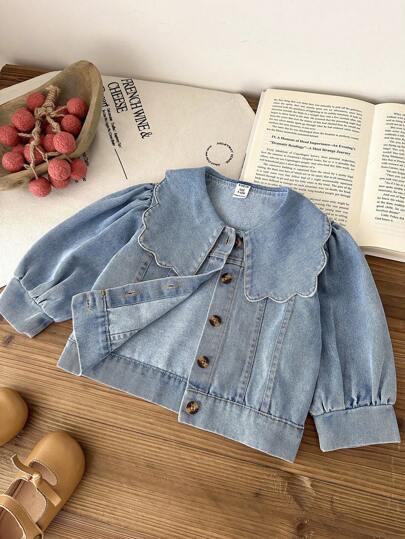 Vintaside Kids Baby Girl Light Blue Autumn Elegant Graduation Lapel Long Sleeve Fashionable Washed Denim Shirt,Casual Fall Winter Outdoor Activities Denim Jacket