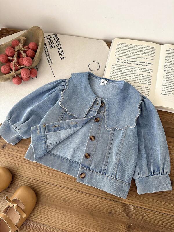 Vintaside Kids Babygirl Infant & Baby GirlAutumn Lapel Long Sleeve Fashionable Casual Washed Denim Shirt, Suitable For Home Leisure, Outdoor Activities, Gatherings With Friends. Provides A Comfortable And Relaxed Appearance With Simple Design To Maintain Comfort And Fashion. Fall Winter