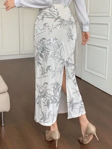 DAZY Women's Slim Fit Long Sequin Bamboo Leaf Pattern Skirt, Summer Fashion - White - View 2