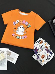 Conjunto de pijama de pantalón y manga corta con estampado de dibujos animados naranja de Halloween para niñas pequeñas - Multicolor - Ver 4
