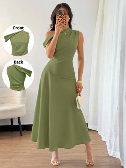 Elenzga فستان طويل أنيق وفاخر للنساء، ذو فتحة رقبة غير متماثلة، تفاصيل كشكشة، خصر مشدود، قصة A-line، إغلاق بسحاب، باللون الأخضر، مناسب لحفلات الهالوين والكريسماس واليوم الوطني ورأس السنة والتخرج والزفاف وألعاب الأزياء