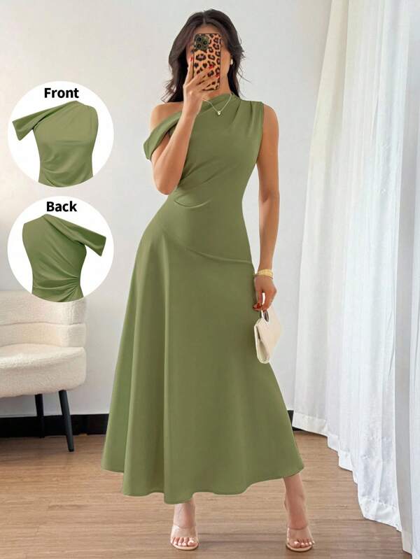 Elenzga 女士优雅奢华正式长裙，不对称领口，荷叶边细节，收腰，A 字廓形，拉链开合，绿色，适合万圣节、圣诞节、国庆节、新年派对、毕业典礼、婚礼、角色扮演