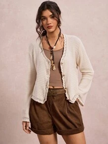 SHEIN VCAY 大码休闲纽扣前喇叭袖开衫 - 杏色 - 查看 1