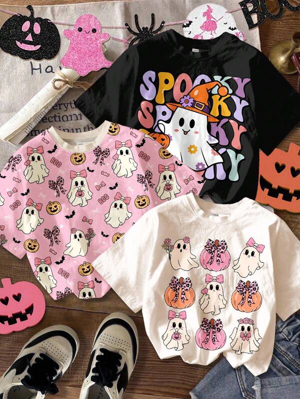 3pcs/Set Young Girl Cream White, Cream Pink, Black Cute Halloween Pumpkin, Spooky Cute, Spooky Season, Ghost, Bow, Trick Or Treat, Little Miss Bootiful, Casual Minimalist Round Neck Short Sleeve Basic T-Shirts, Autumn For, Easy Comfort, Autumn Layers For Kids, Stylish Kids, Casual Wear, Kids Halloween Graphic Clothes, Fall Clothes