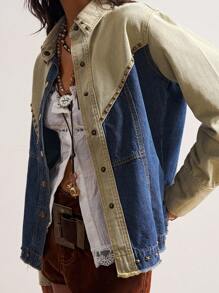 Bohemela 秋冬 BOHO 休闲梭织拼布撞色牛仔长袖女衬衫 - 彩色 - 查看 5