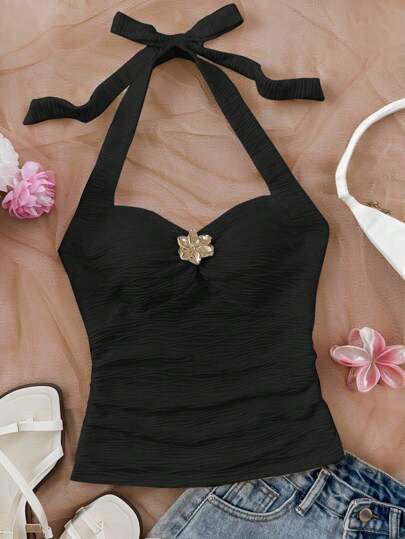 SHEIN 少女黑色露背系带 V 领花卉金属扣纹理针织修身吊带背心，适合度假、音乐节、波西米亚风、节日、约会、下午茶、返校、休闲装